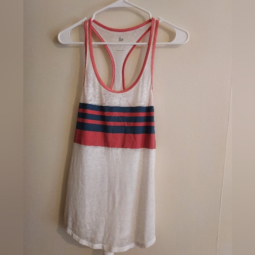 White Racerback Tank with Dark Coral and Blue Stripes.